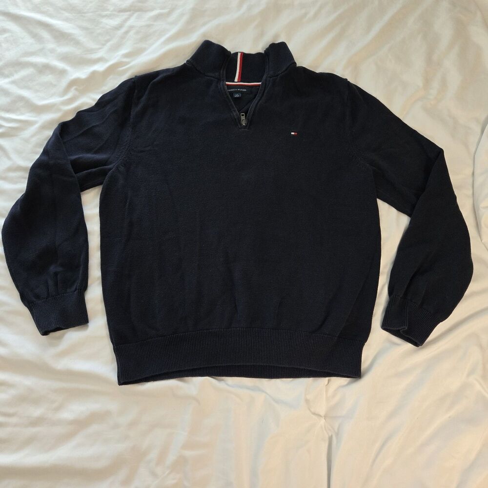 Tommy Hilfiger 1/4 Zip Neck Navy Jumper Pullover 100% Cotton Sweater Size L